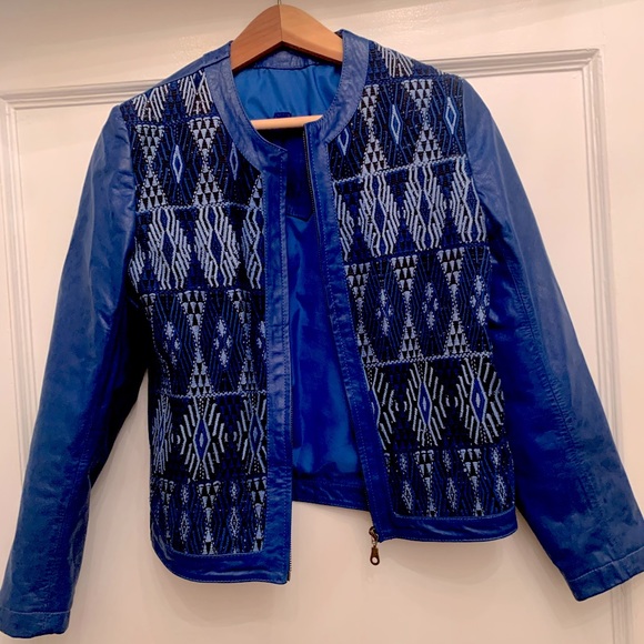 Jackets & Coats | Unique Blue Leather Jacket With Woven Pattern On ...